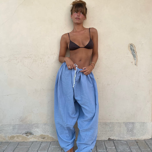 PANTALON JUNNY EN GAZE DE COTON BLEU AZUR